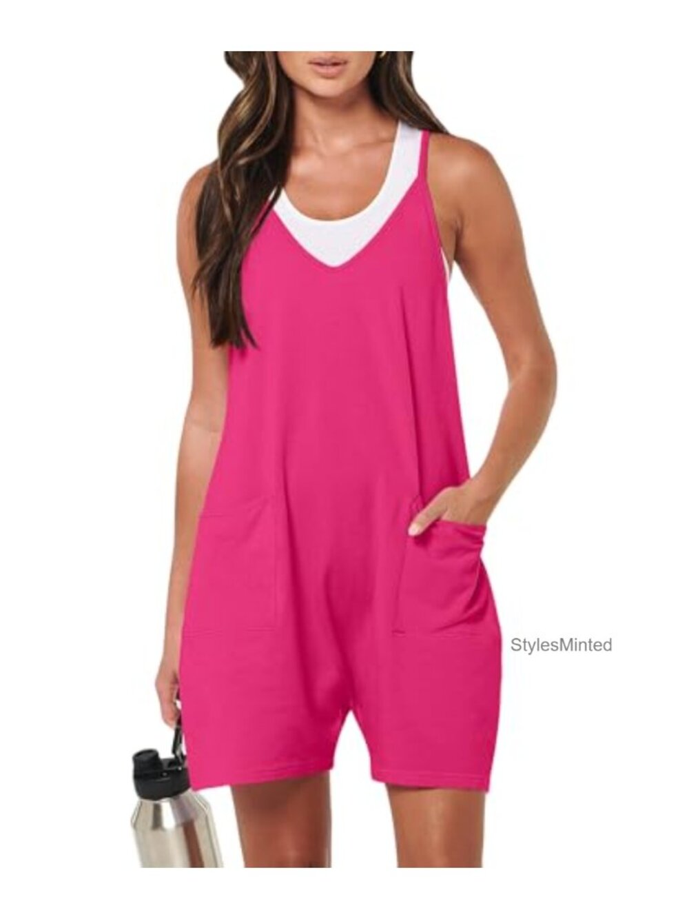 Sleeveless Spaghetti Strap Romper Loose Fit Adjustable Overalls with Pockets